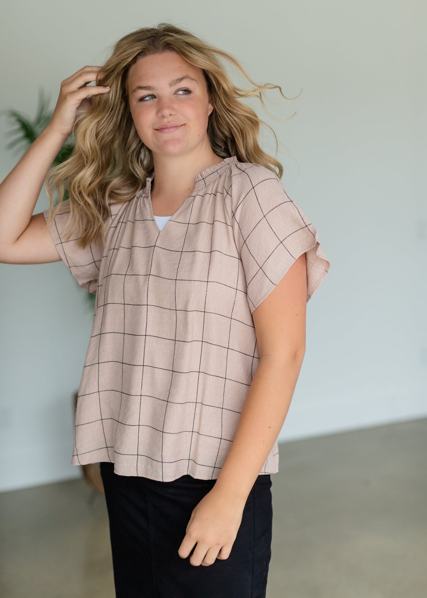 Dusty Pink Windowpane Smocked Neck Top - FINAL SALE Tops