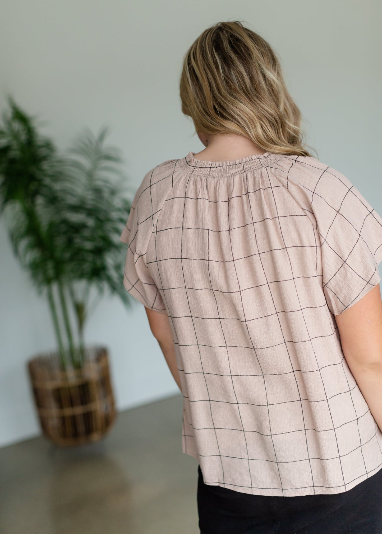 Dusty Pink Windowpane Smocked Neck Top - FINAL SALE Tops