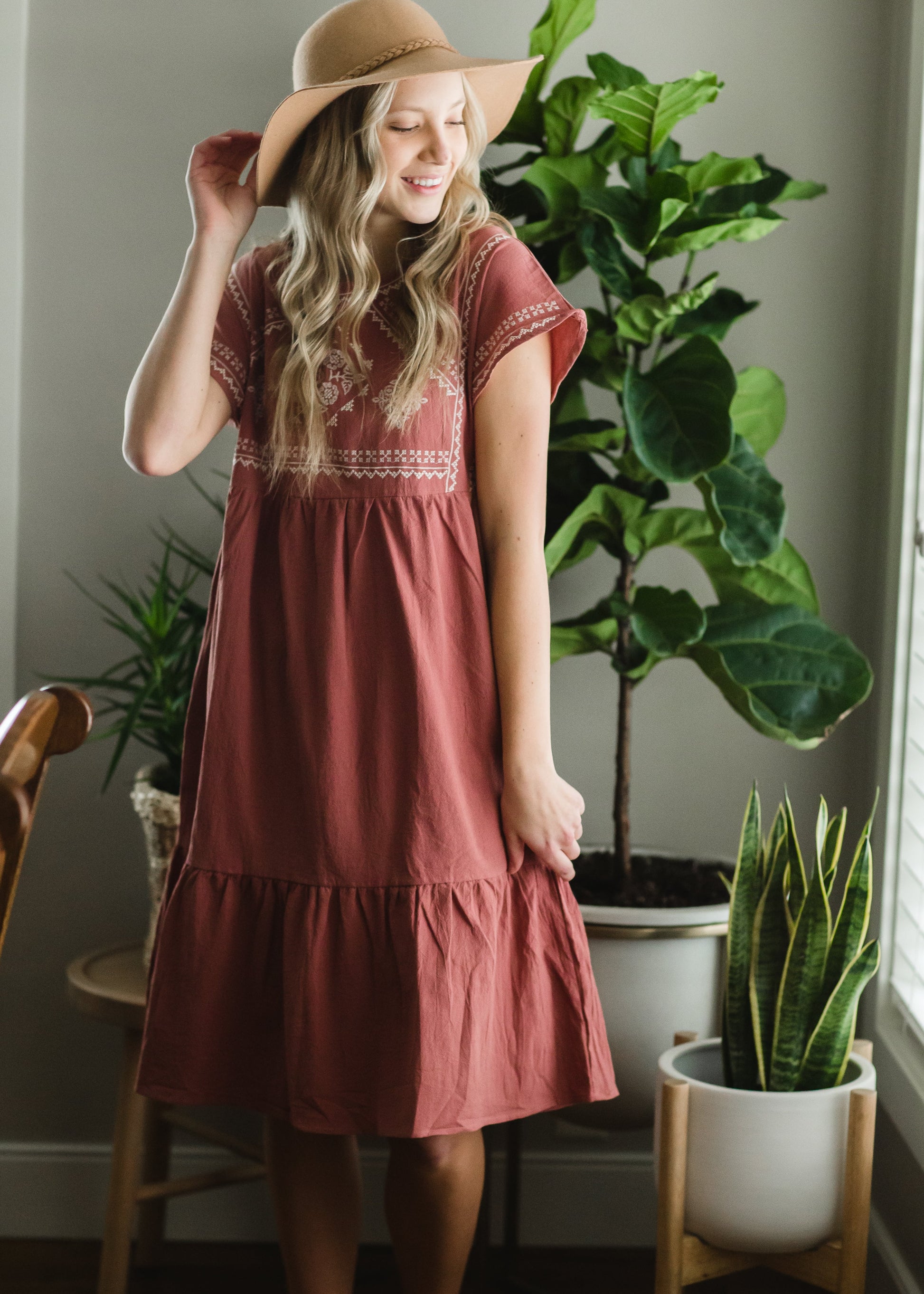 Dusty Rose Embroidered Midi Dress Dresses