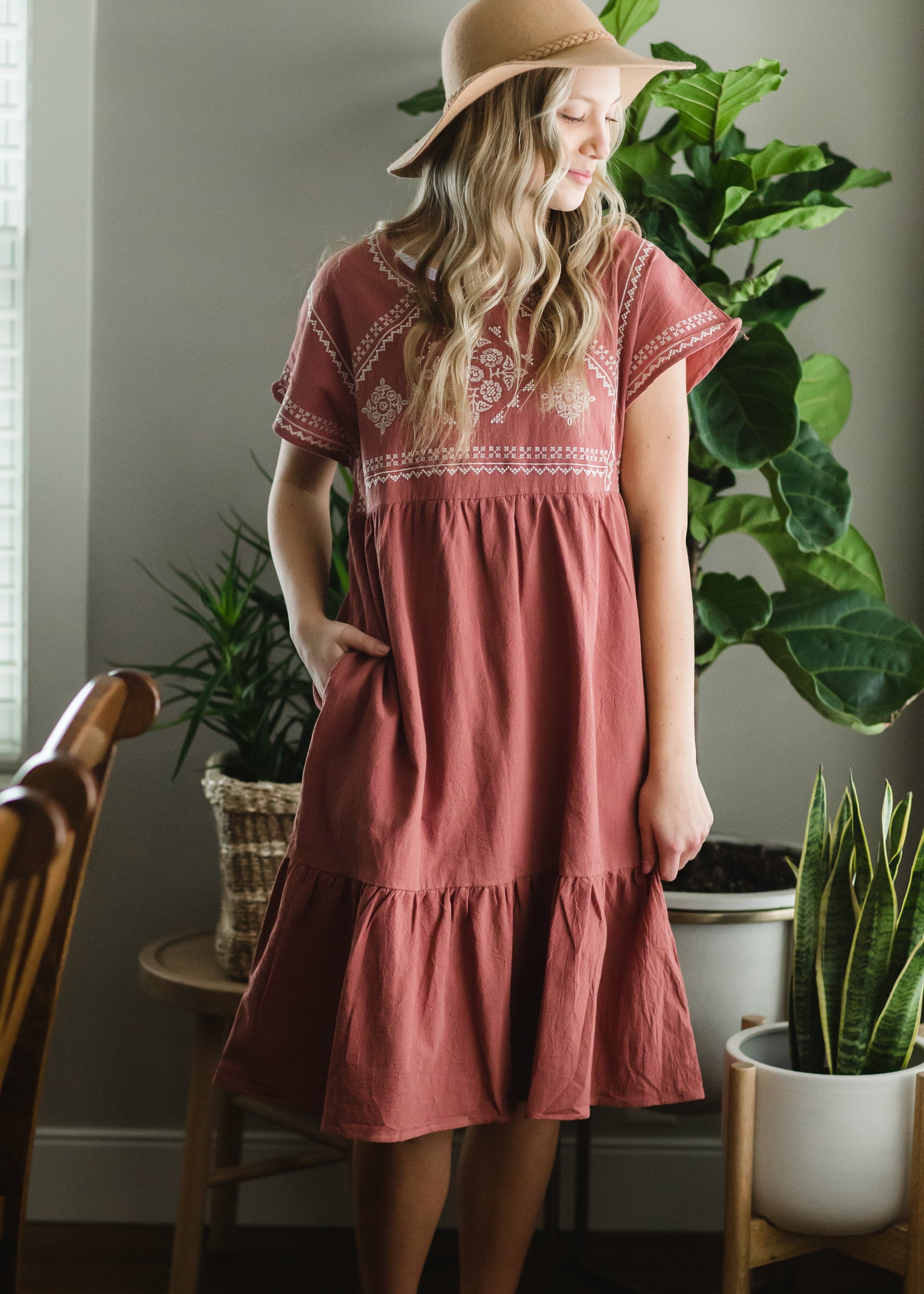 Dusty Rose Embroidered Midi Dress Dresses