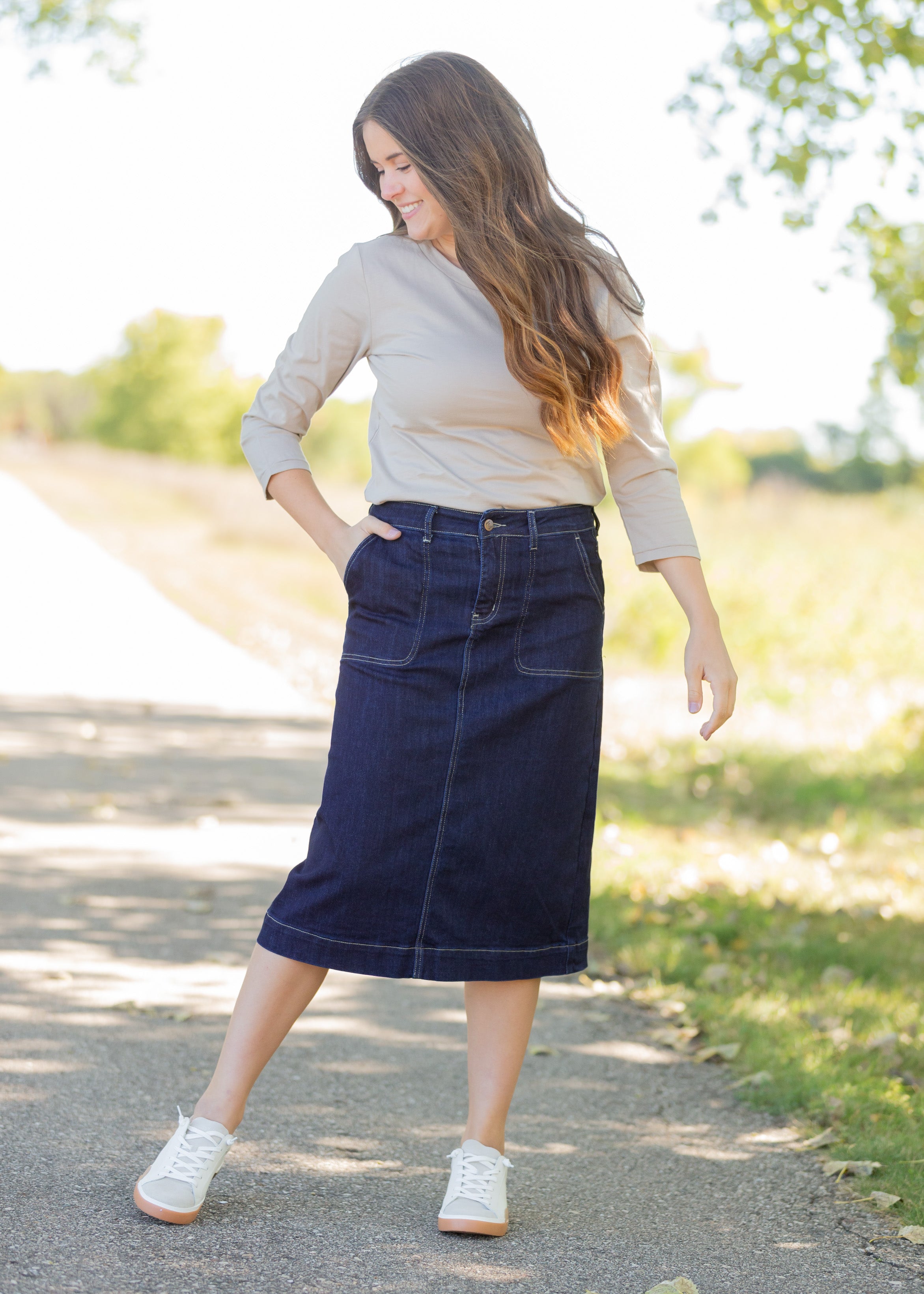 Echo Dark Denim Patch Pocket Midi Skirt - FINAL SALE – Inherit Co.