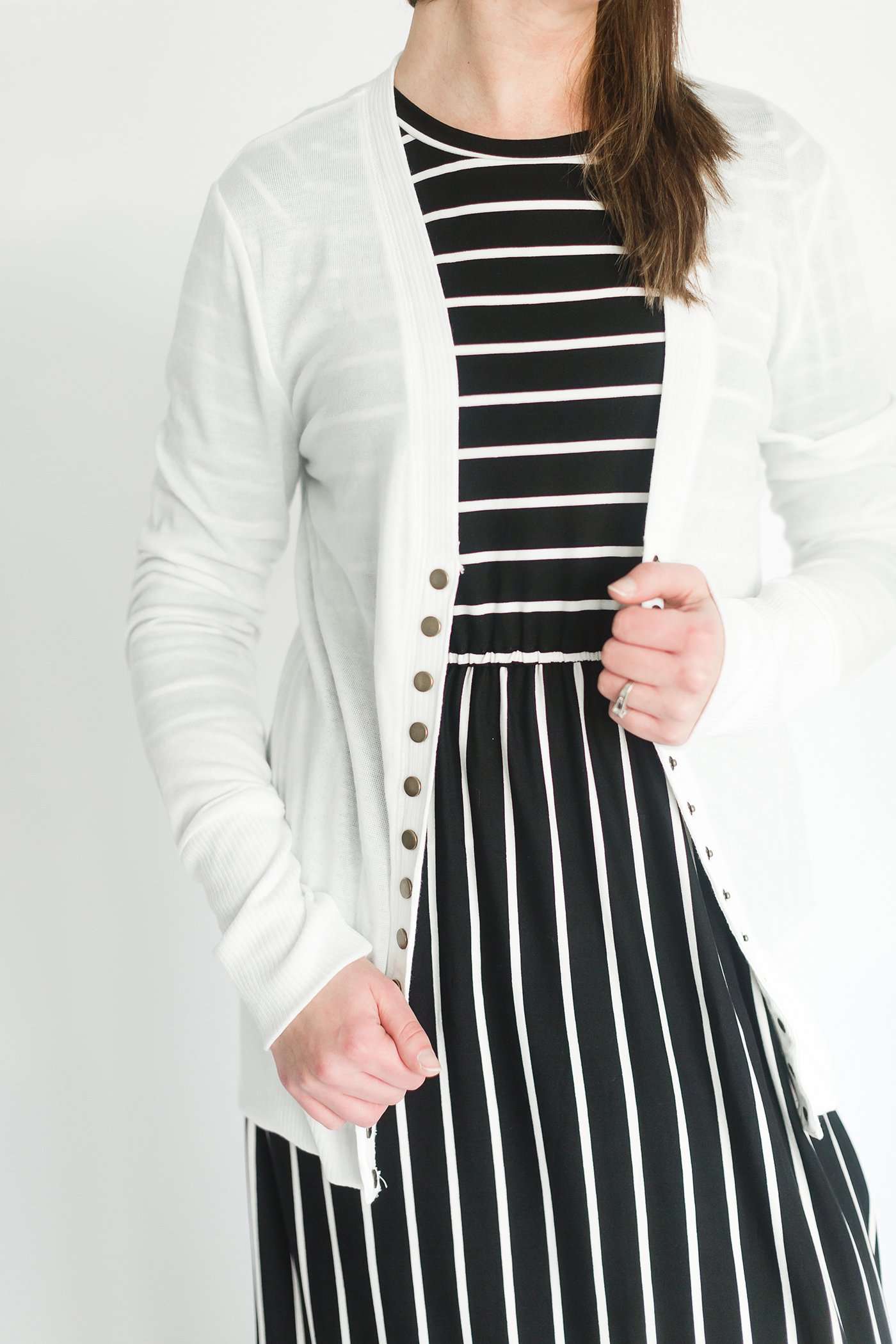 striped modest dress with elastic waist.