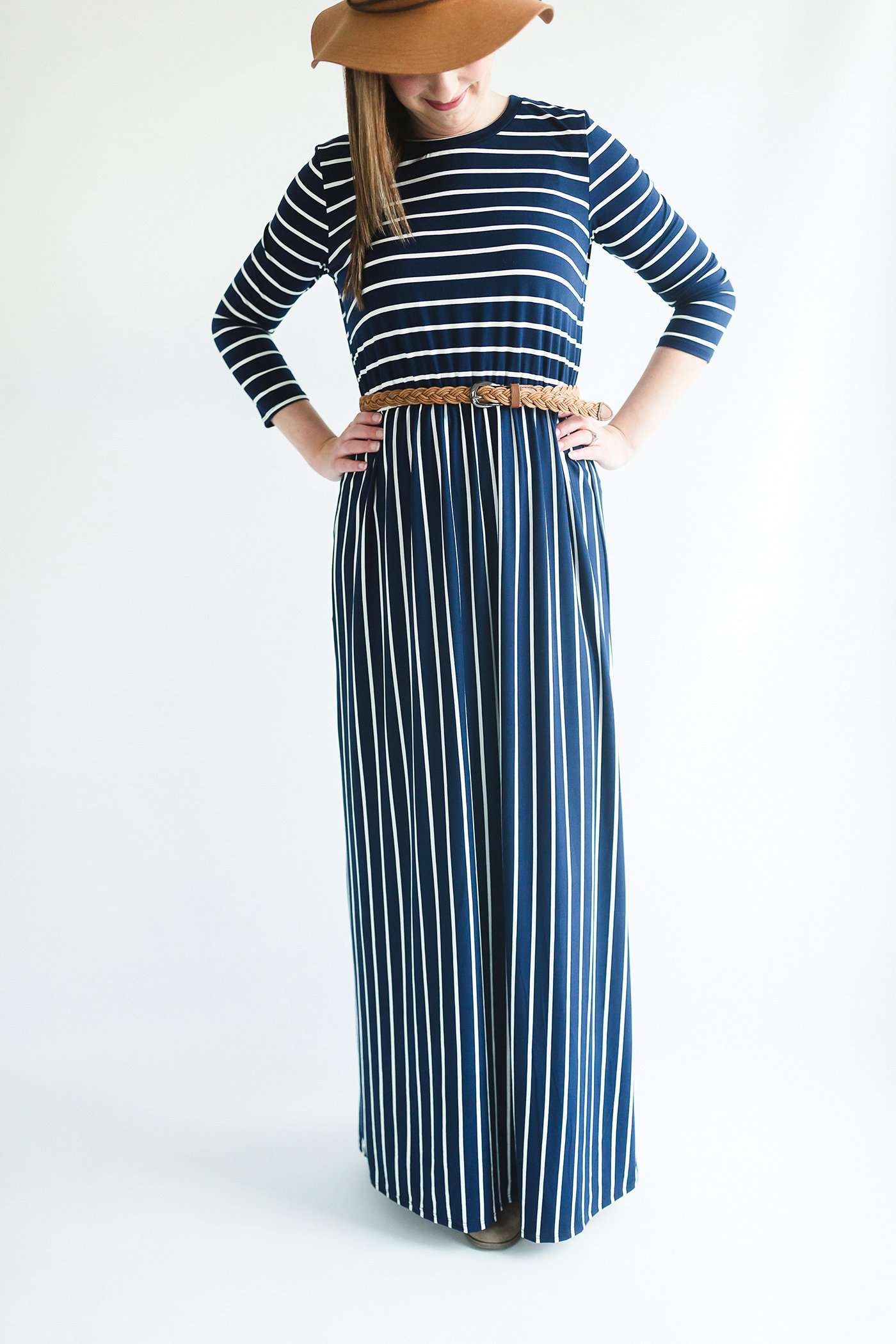 striped modest dress with elastic waist.