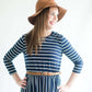 striped modest dress with elastic waist.