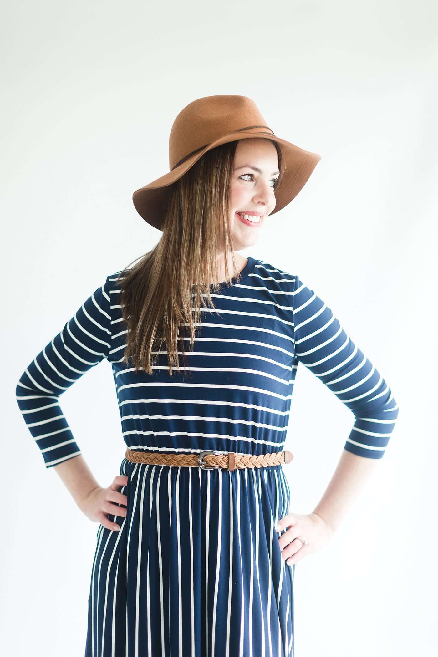 striped modest dress with elastic waist.