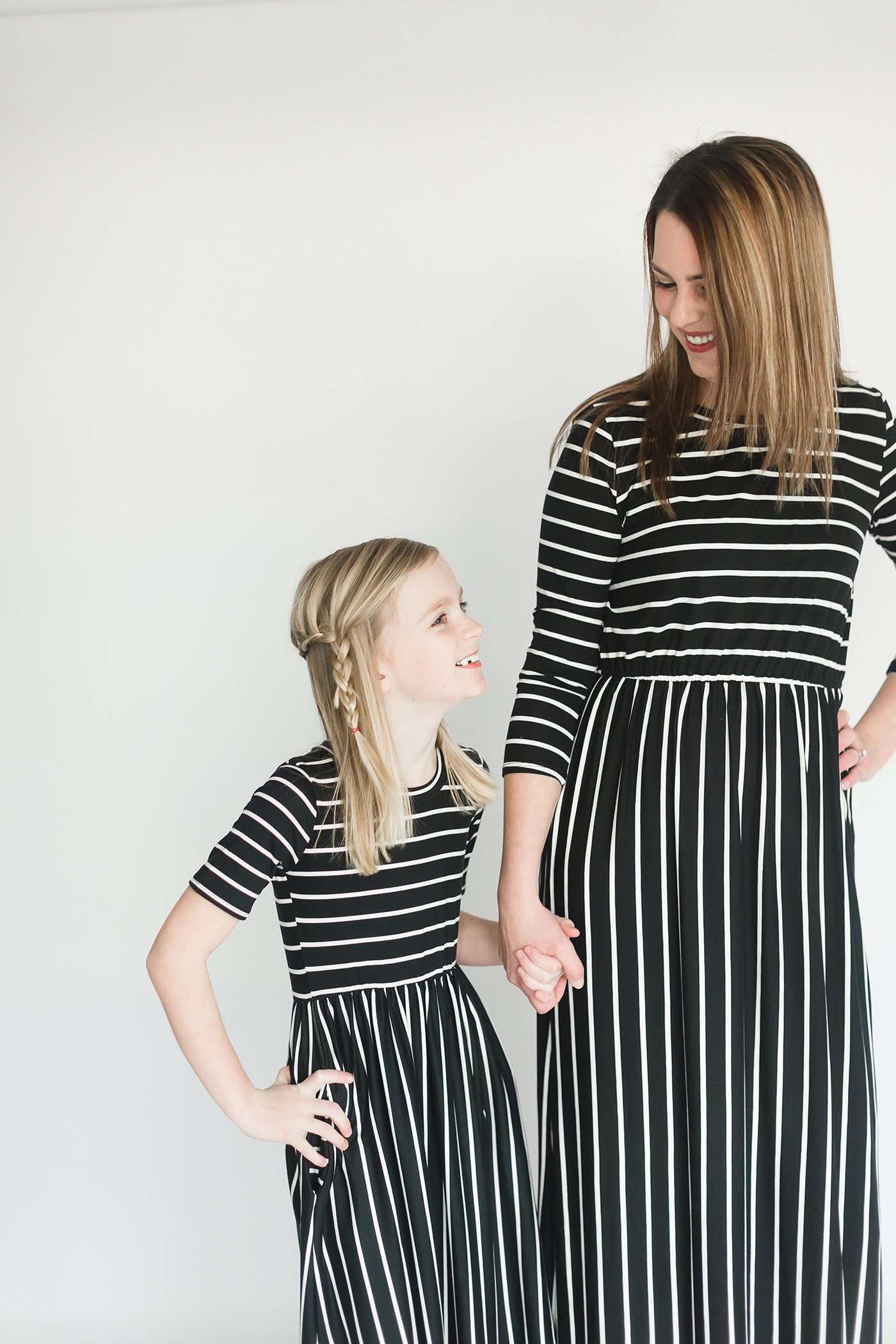 striped modest dress with elastic waist.