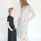 striped modest dress with elastic waist.