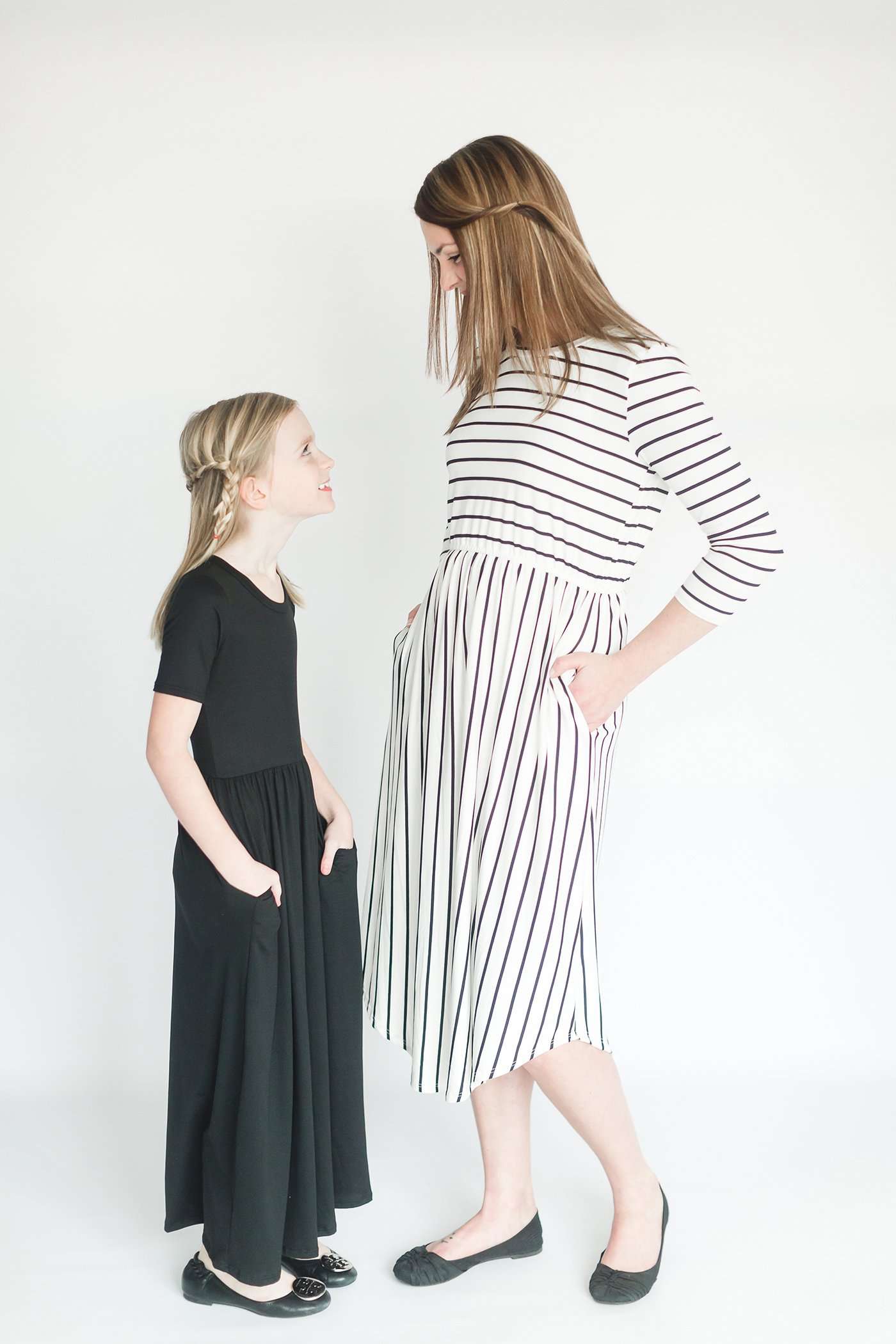 striped modest dress with elastic waist.