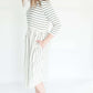 striped modest dress with elastic waist.