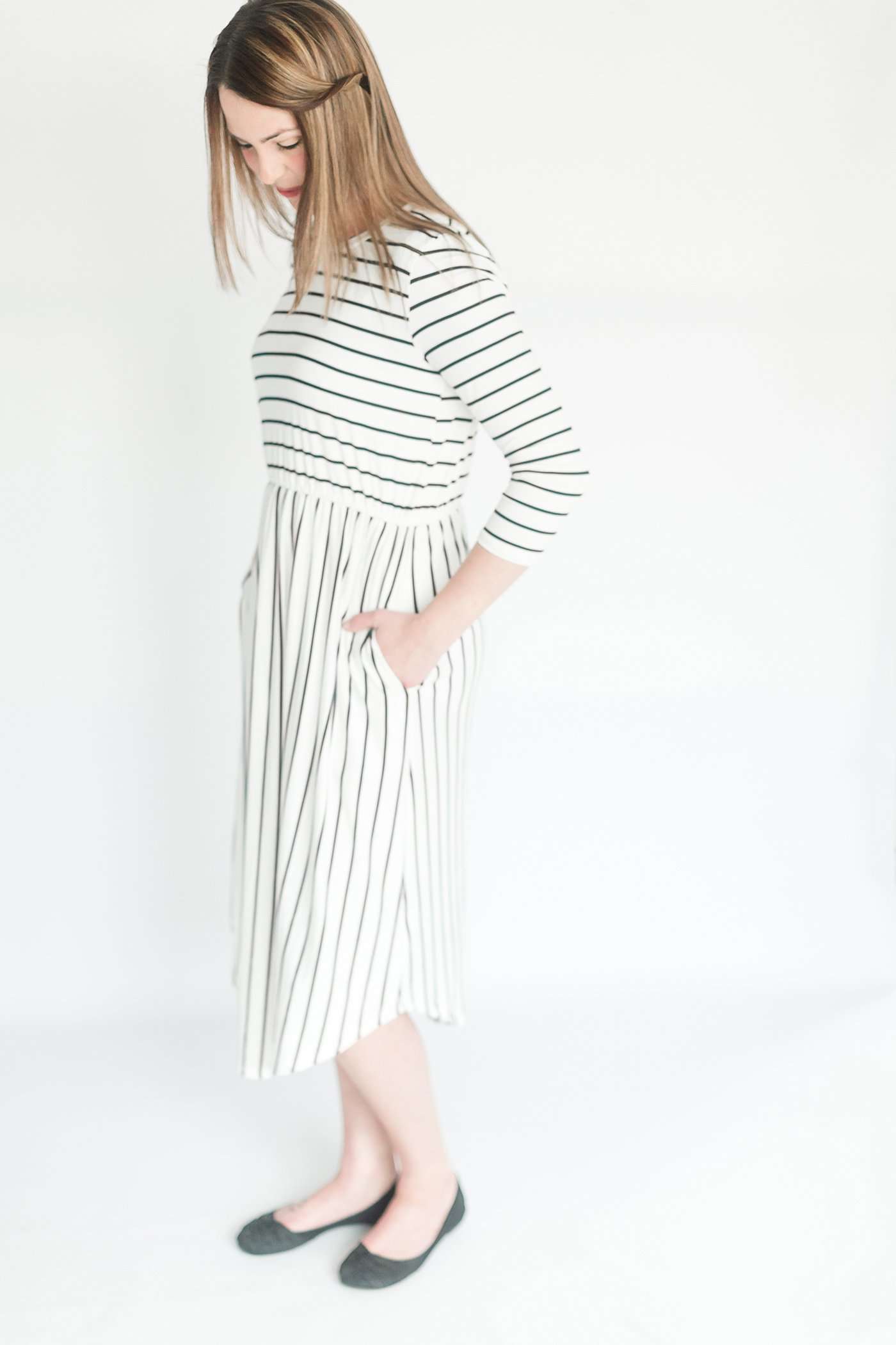 striped modest dress with elastic waist.