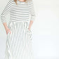 striped modest dress with elastic waist.