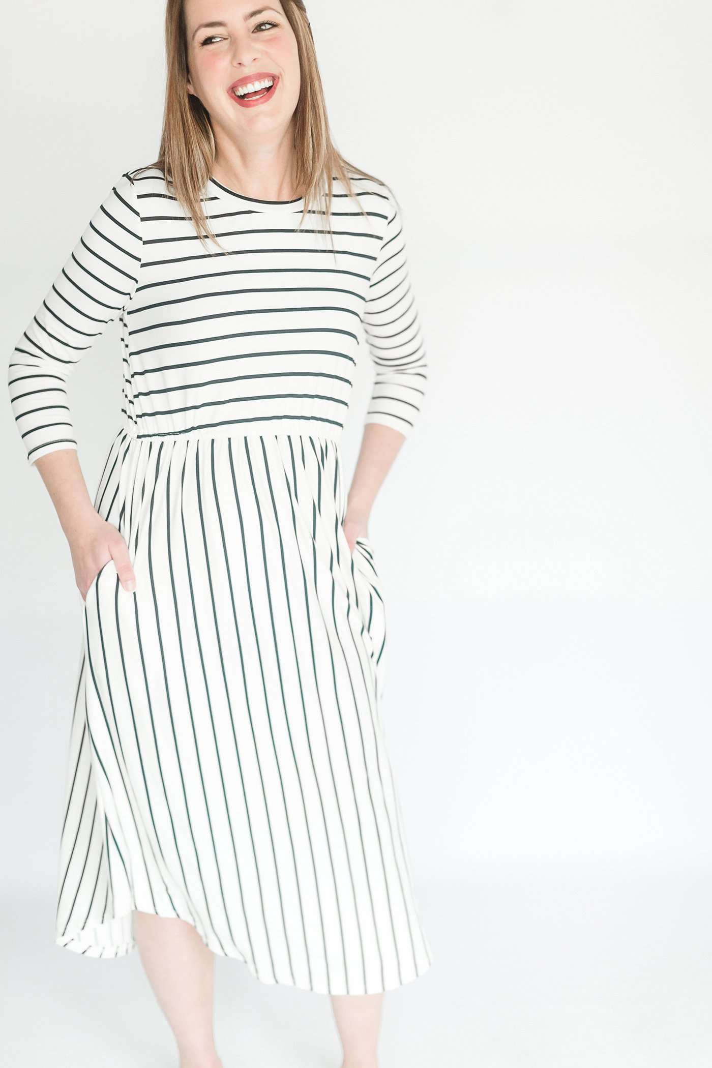 striped modest dress with elastic waist.