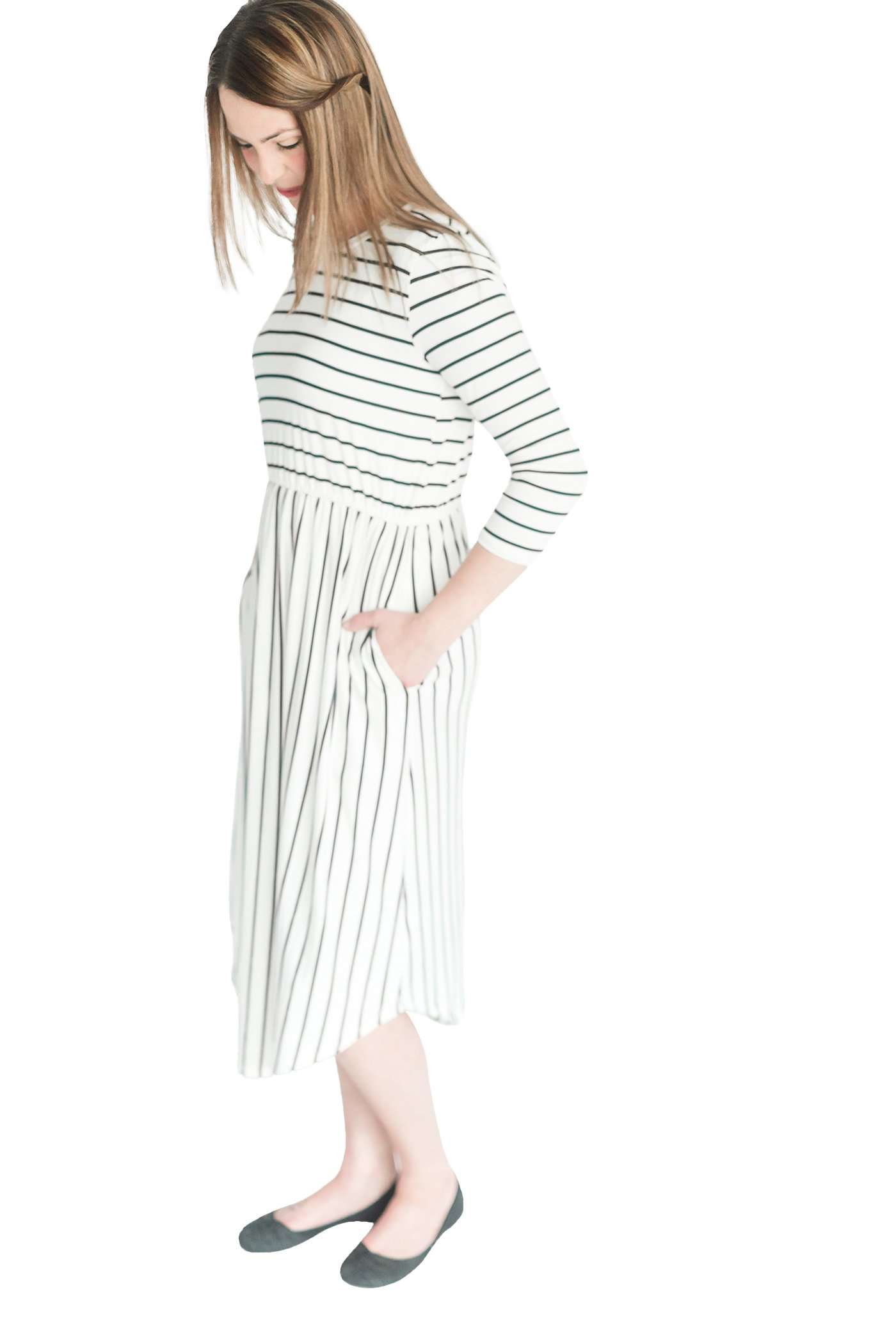 striped modest dress with elastic waist.