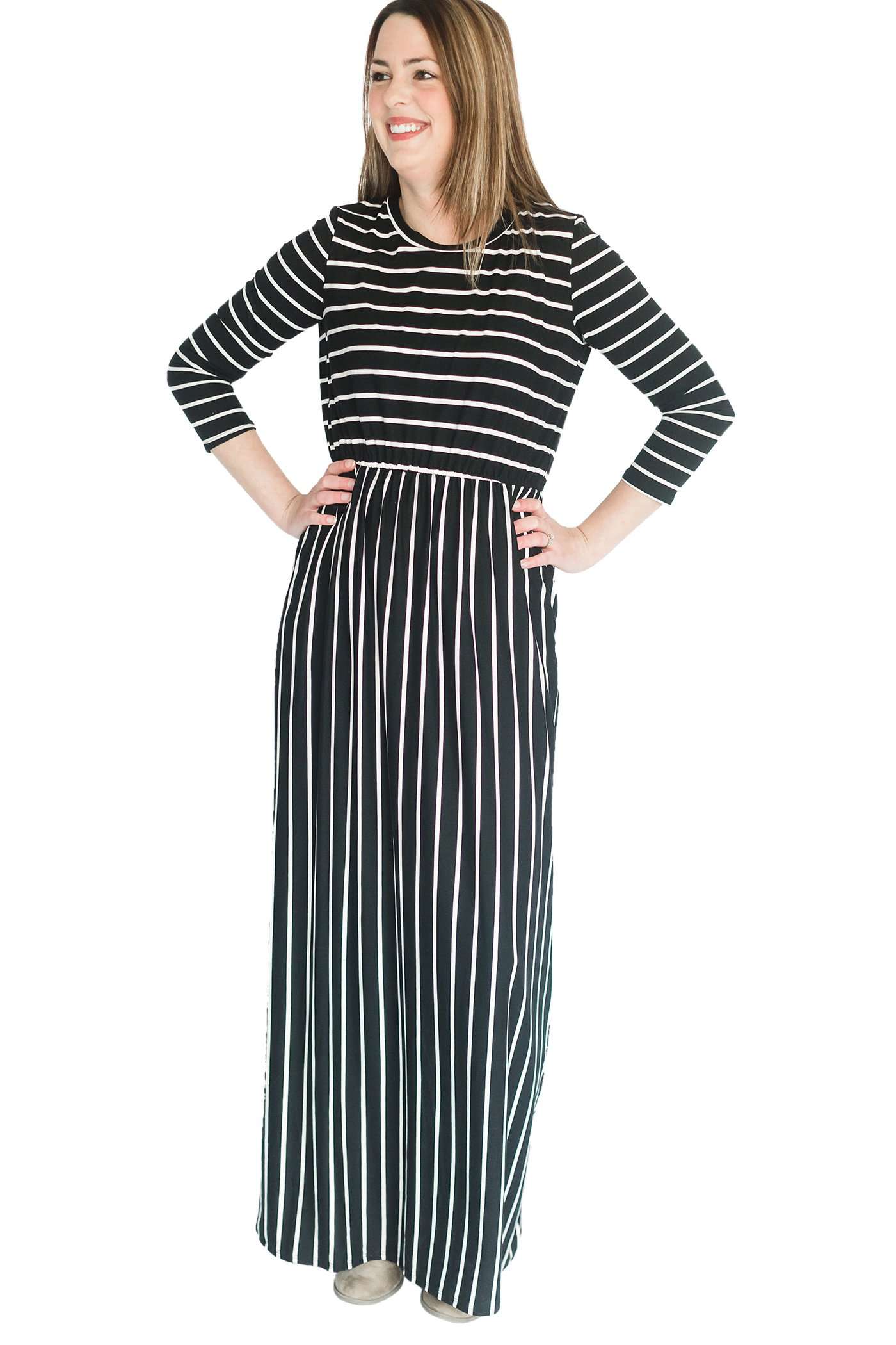 striped modest dress with elastic waist.