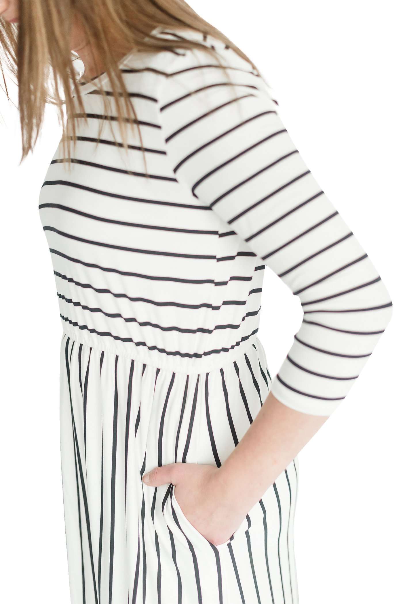 striped modest dress with elastic waist.