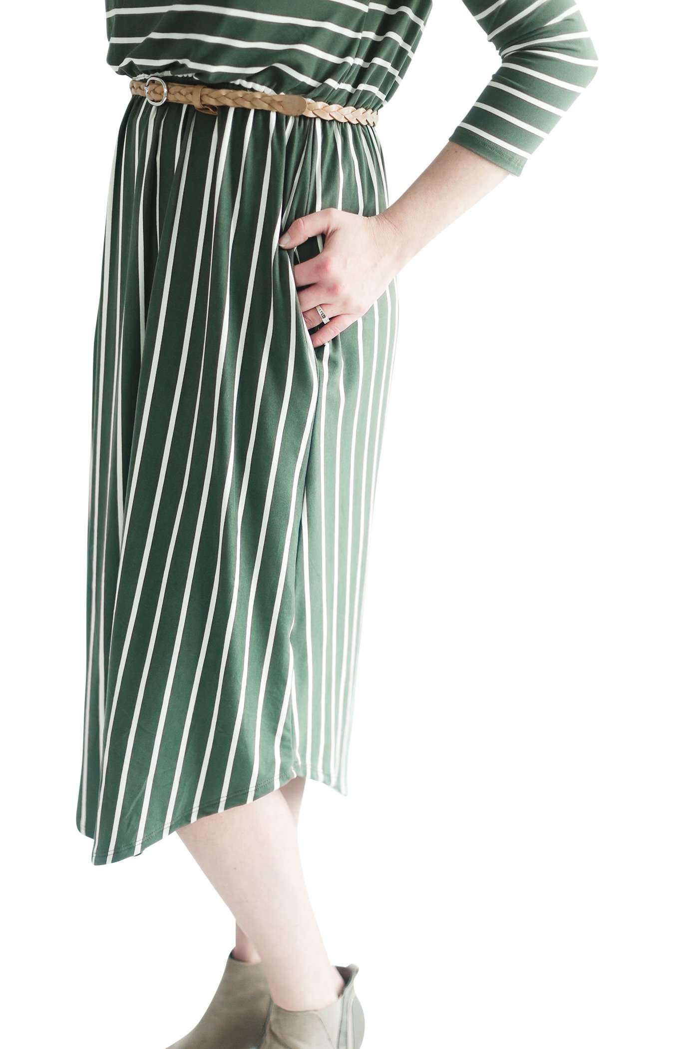 striped modest dress with elastic waist.