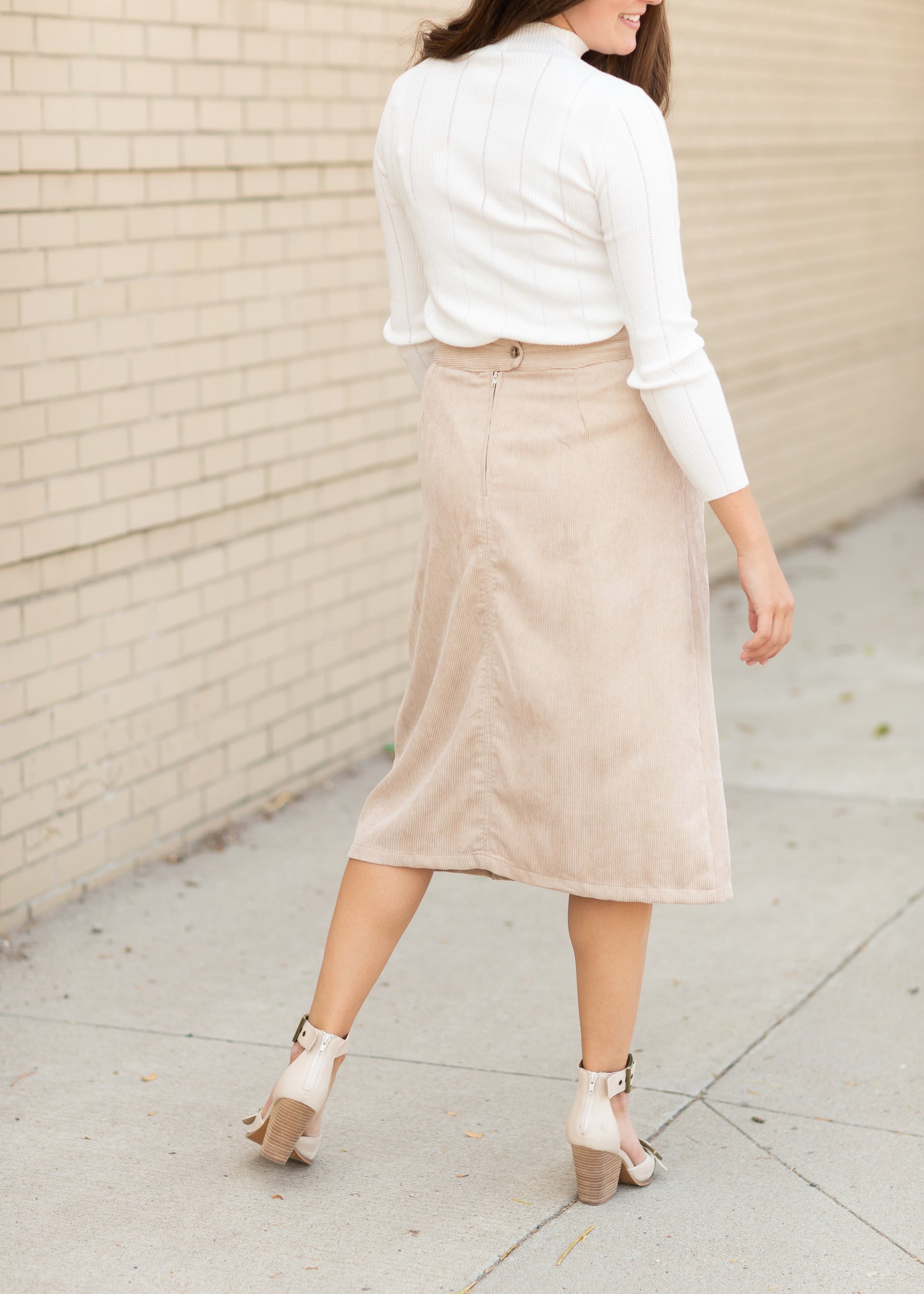 Ella Corduroy Kick Pleat Midi Skirt Skirts