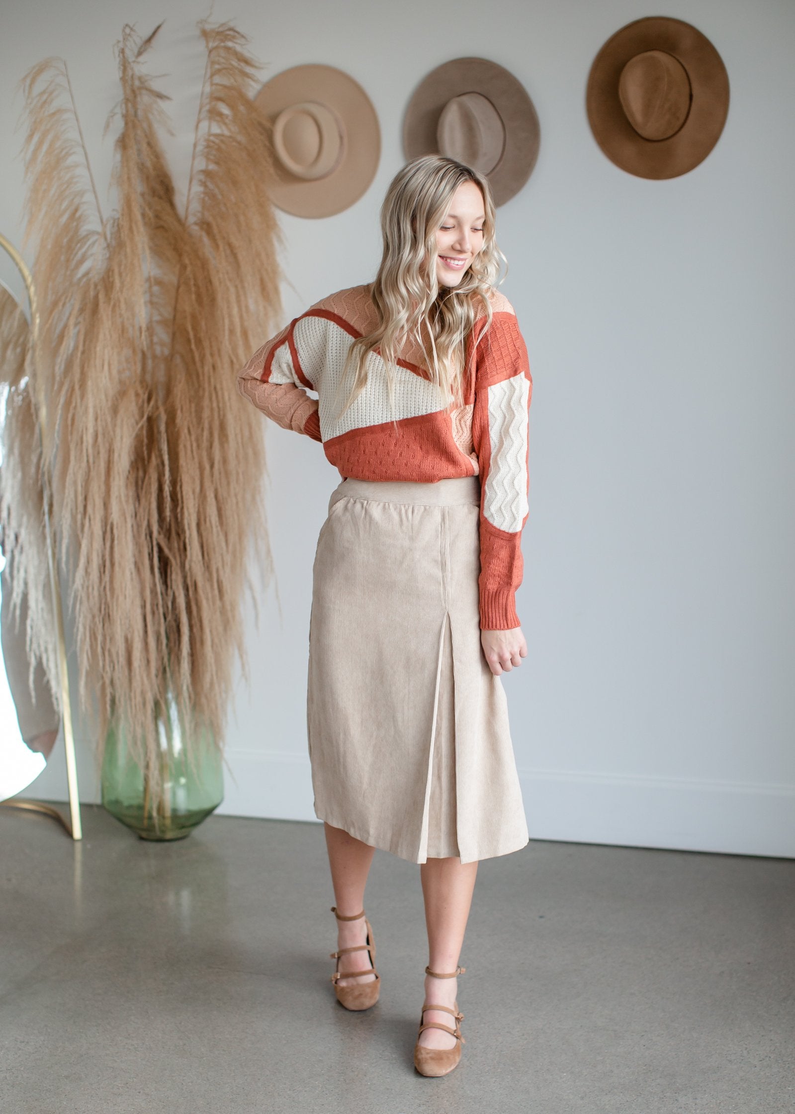 Ella Corduroy Kick Pleat Midi Skirt Skirts Inherit
