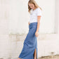 Women's modest long denim skirt with a slit in the back 