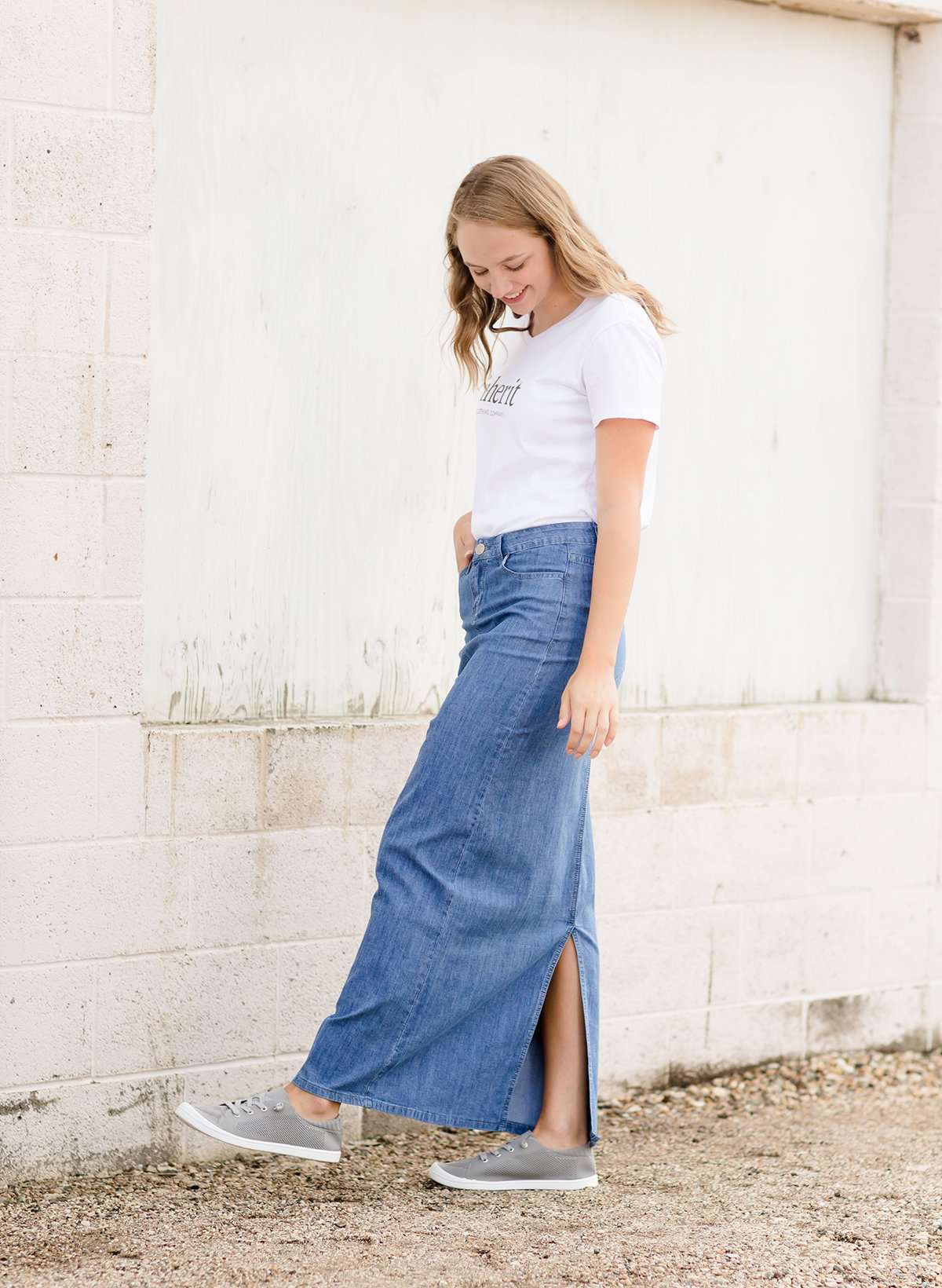 Women's modest long denim skirt with a slit in the back 