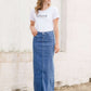Women's modest long denim skirt with a slit in the back 