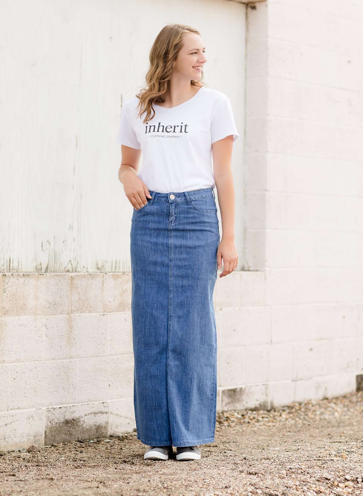 Women's modest long denim skirt with a slit in the back 