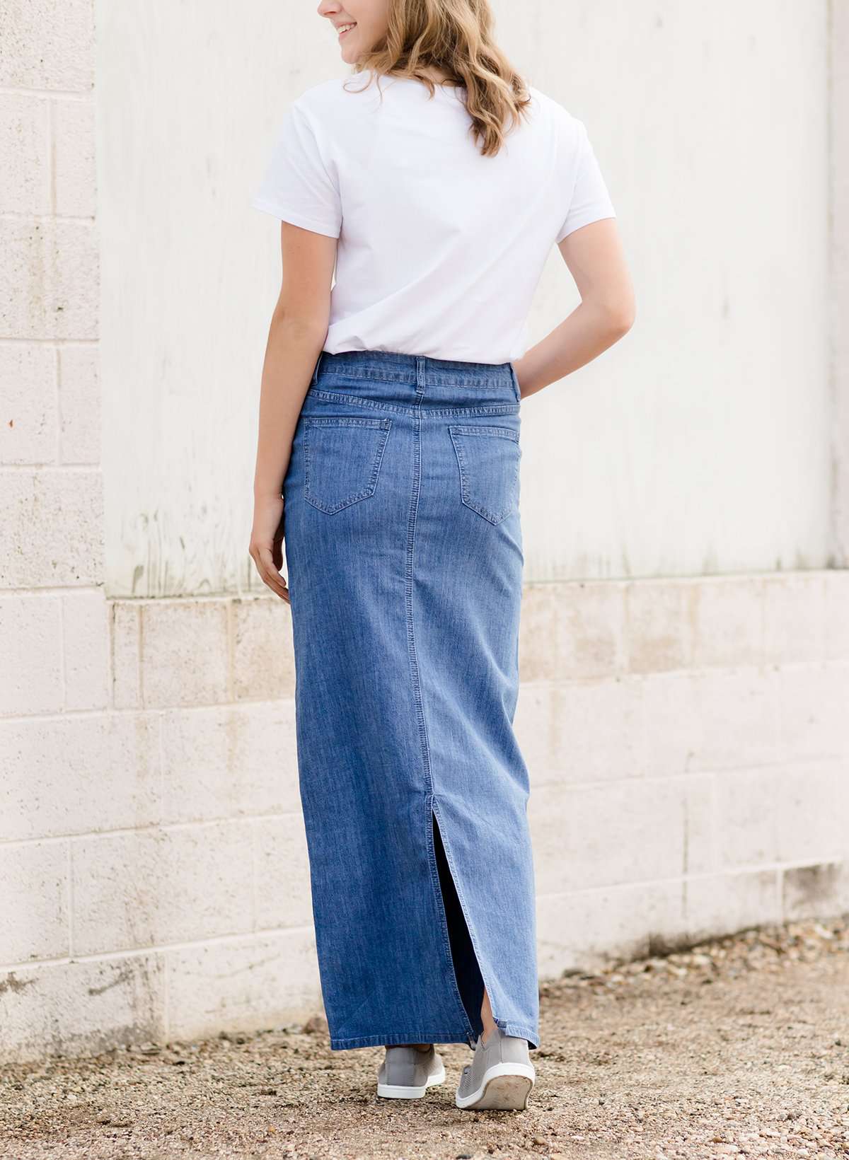 Women's modest long denim skirt with a slit in the back 