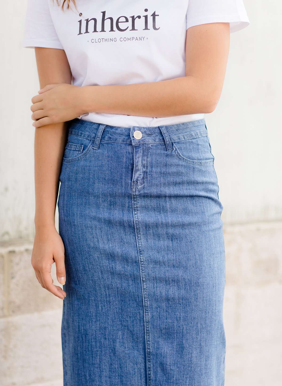 Women's modest long denim skirt with a slit in the back 