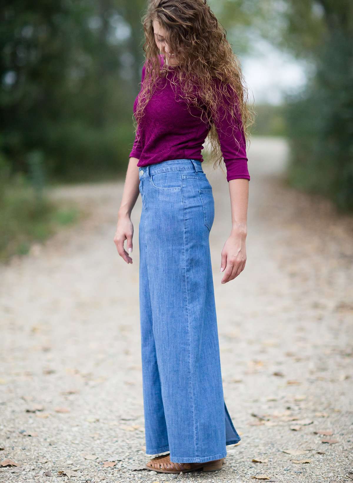 Women's modest long denim skirt with a slit in the back 