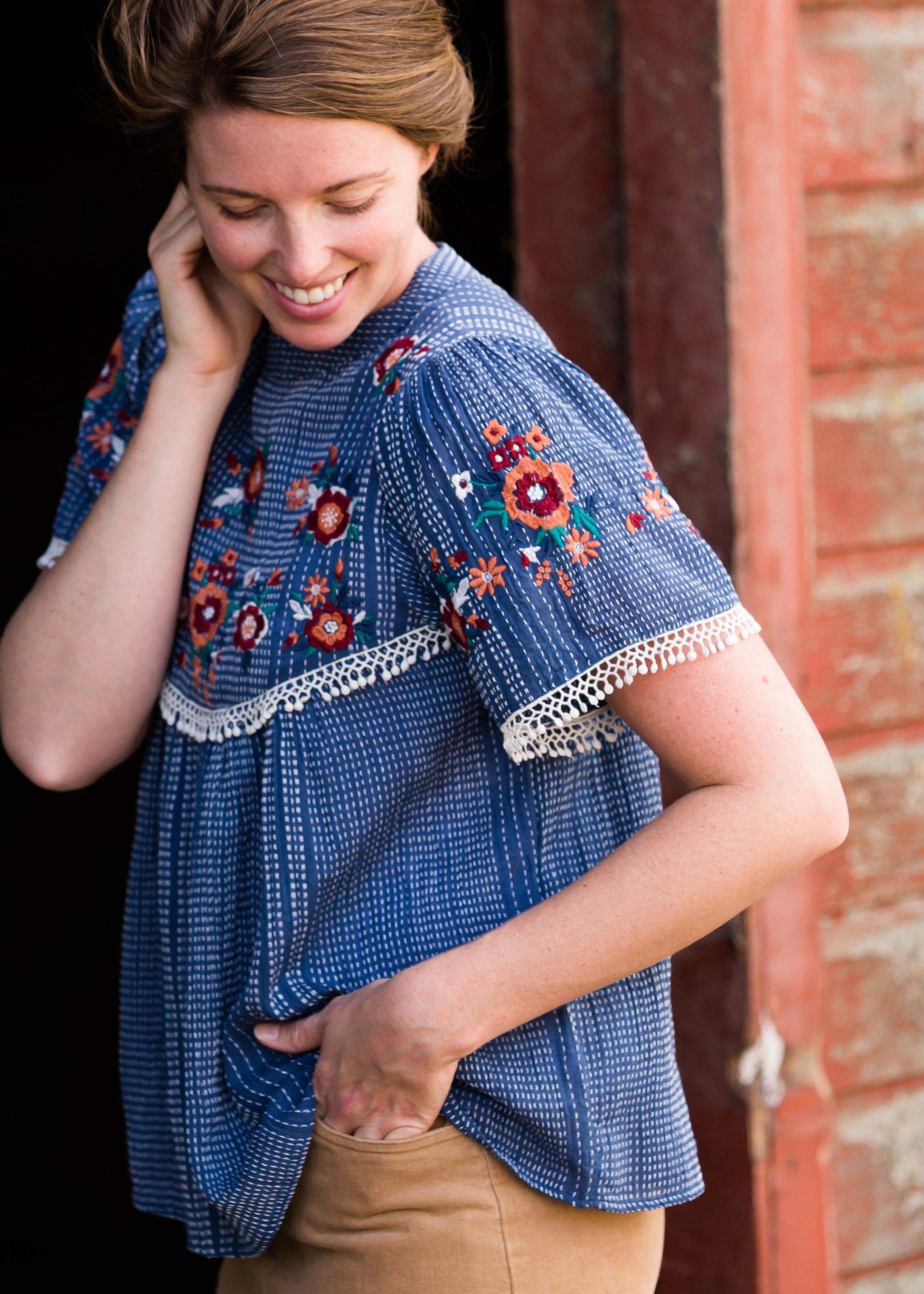 Blue Embroidered Floral Striped Top