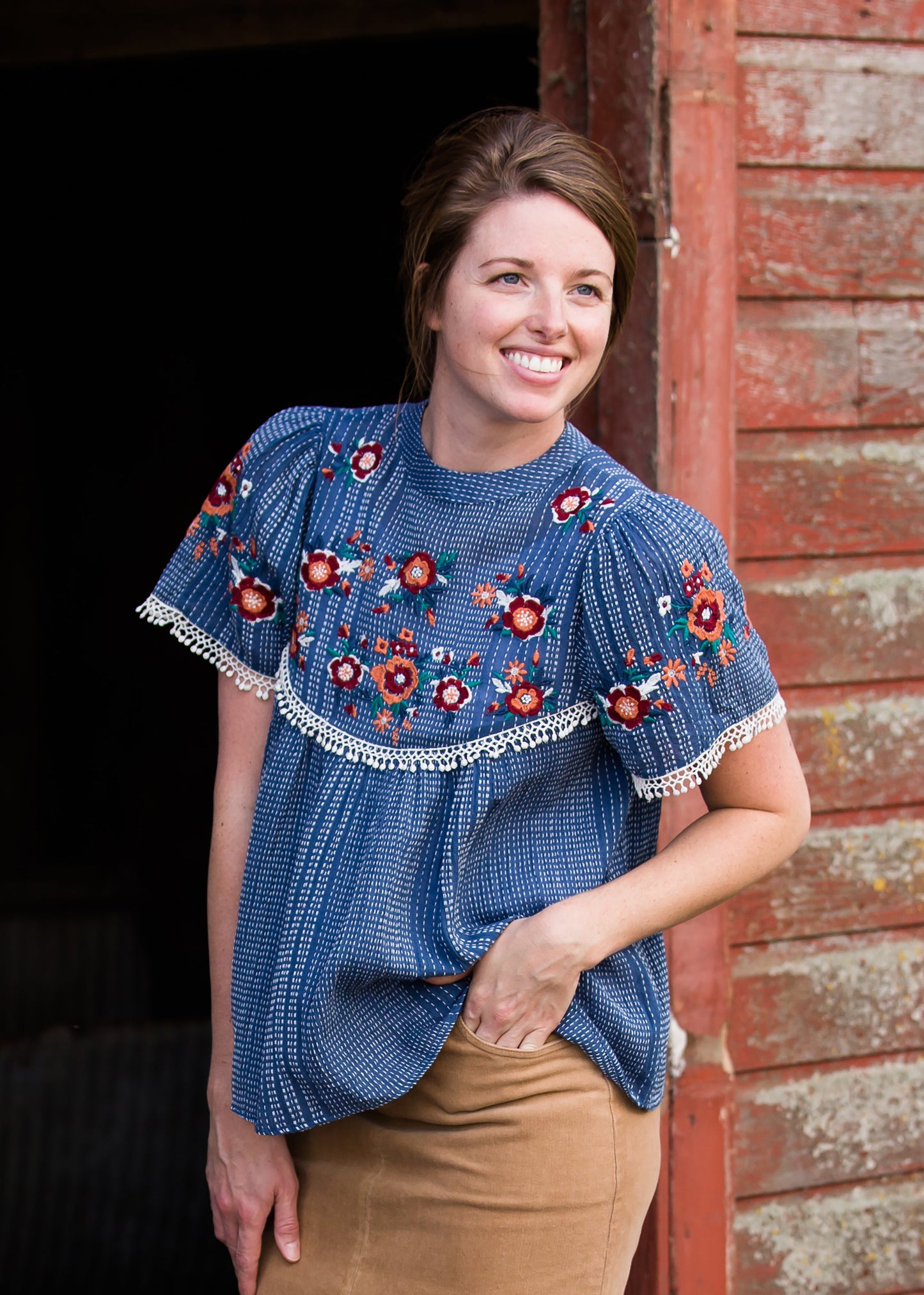 Blue Embroidered Floral Striped Top