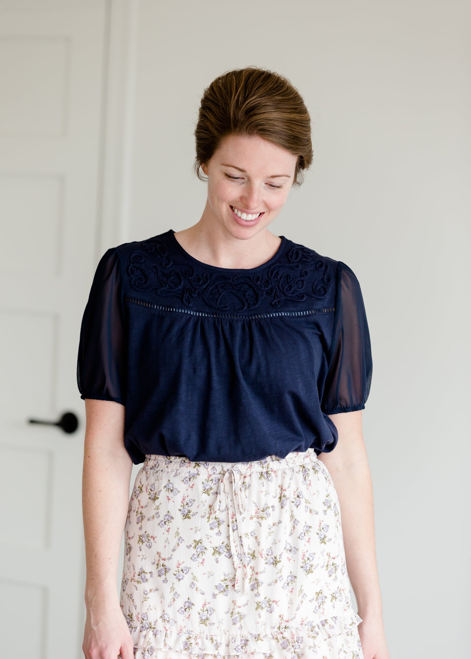 Embroidered Navy Cotton Detailed Top - FINAL SALE Tops