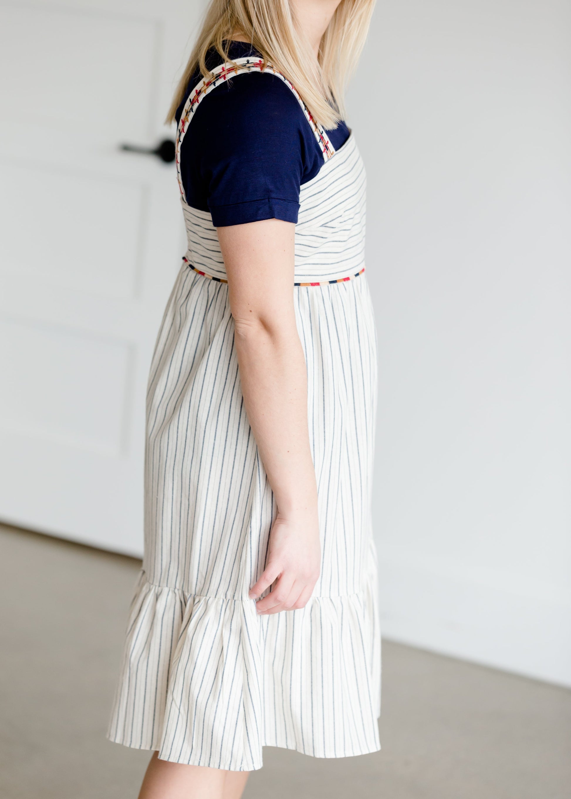 Embroidered Ruffle Striped Jumper Midi Dress - FINAL SALE Dresses