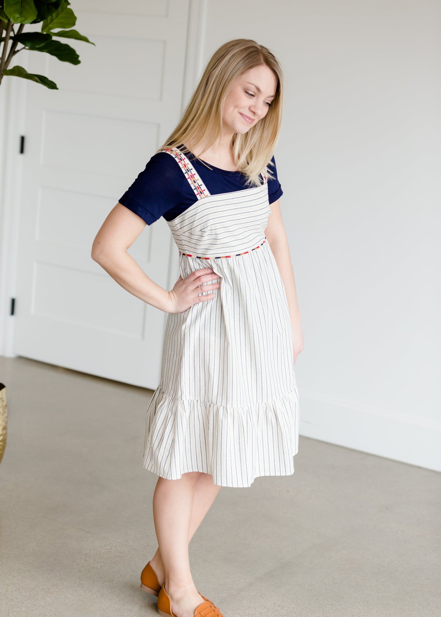 Embroidered Ruffle Striped Jumper Midi Dress - FINAL SALE Dresses