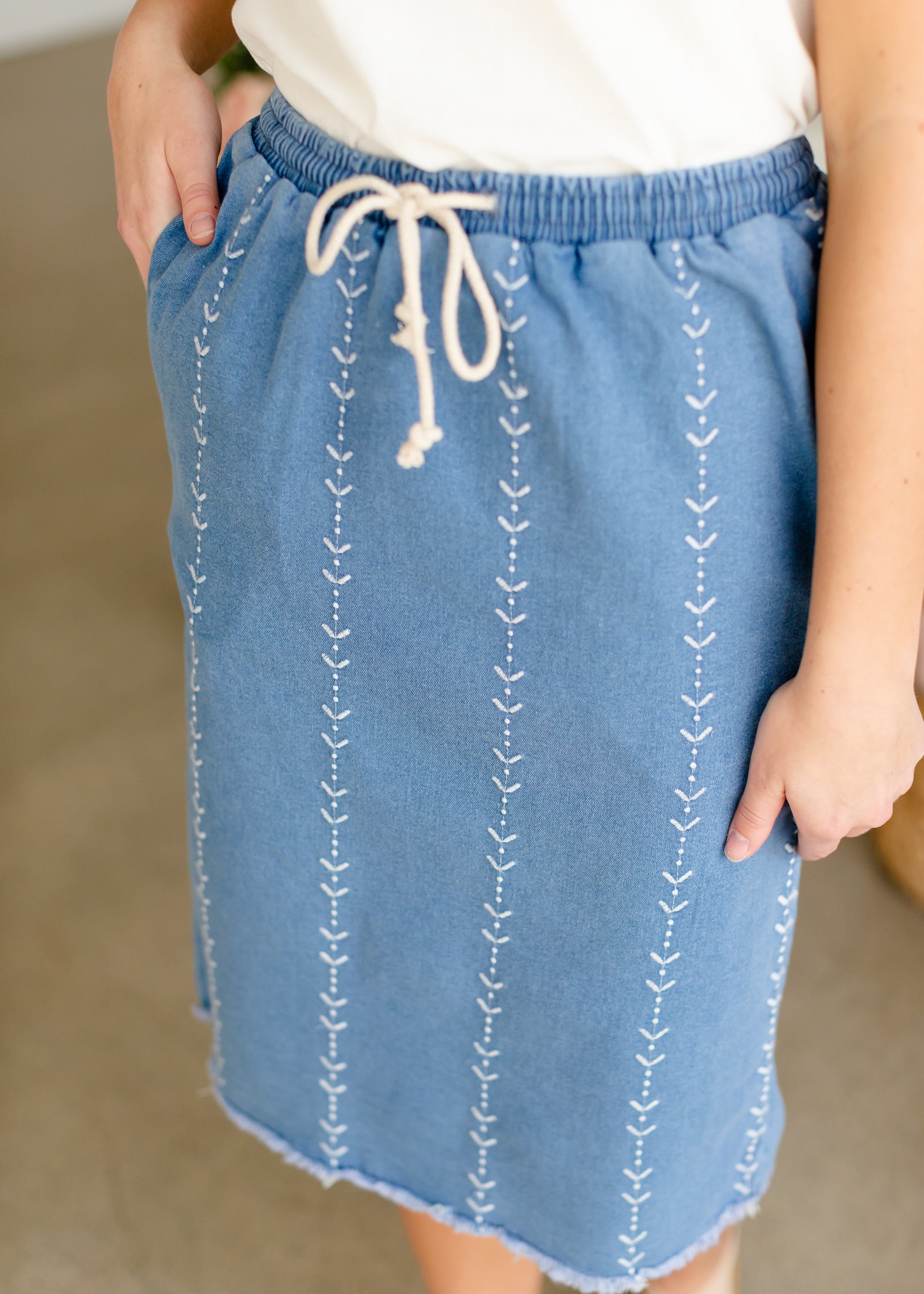 Embroidered Stretch Denim Midi Skirt Skirts