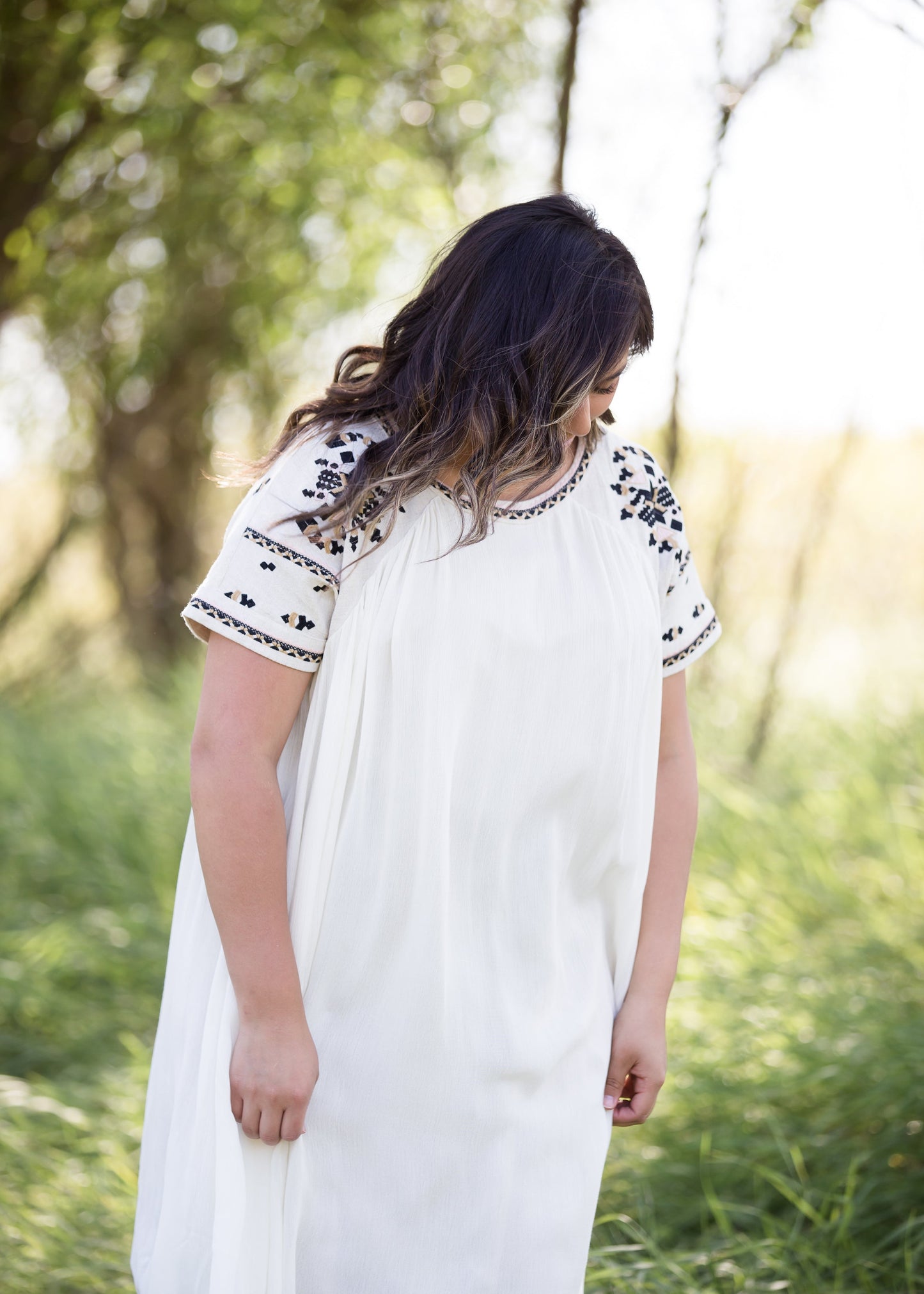 oatmeal colored flowy embroidered midi dress