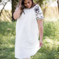 oatmeal colored flowy embroidered midi dress