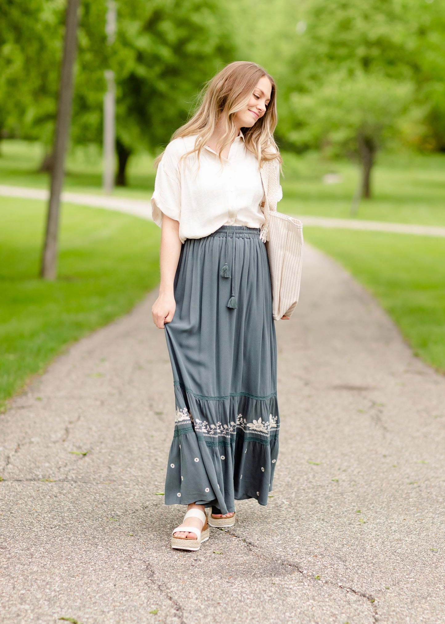 Embroidered Tiered Maxi Skirt Skirts Blue / S