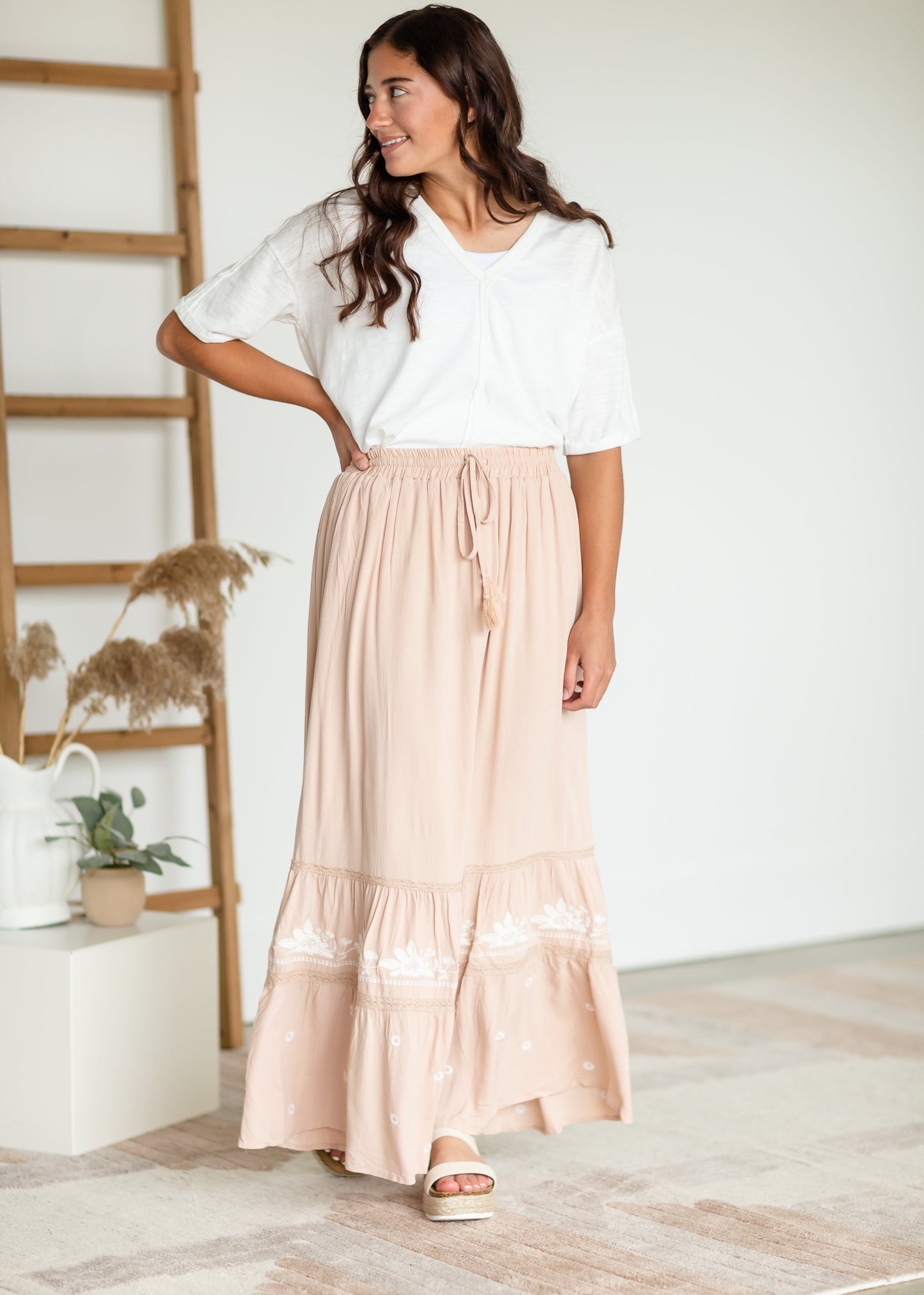 Embroidered Tiered Maxi Skirt Skirts Blush / S