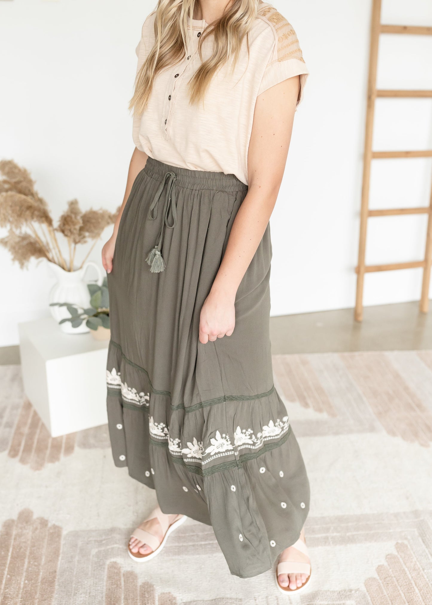 Embroidered Tiered Maxi Skirt Skirts Dark Olive / S