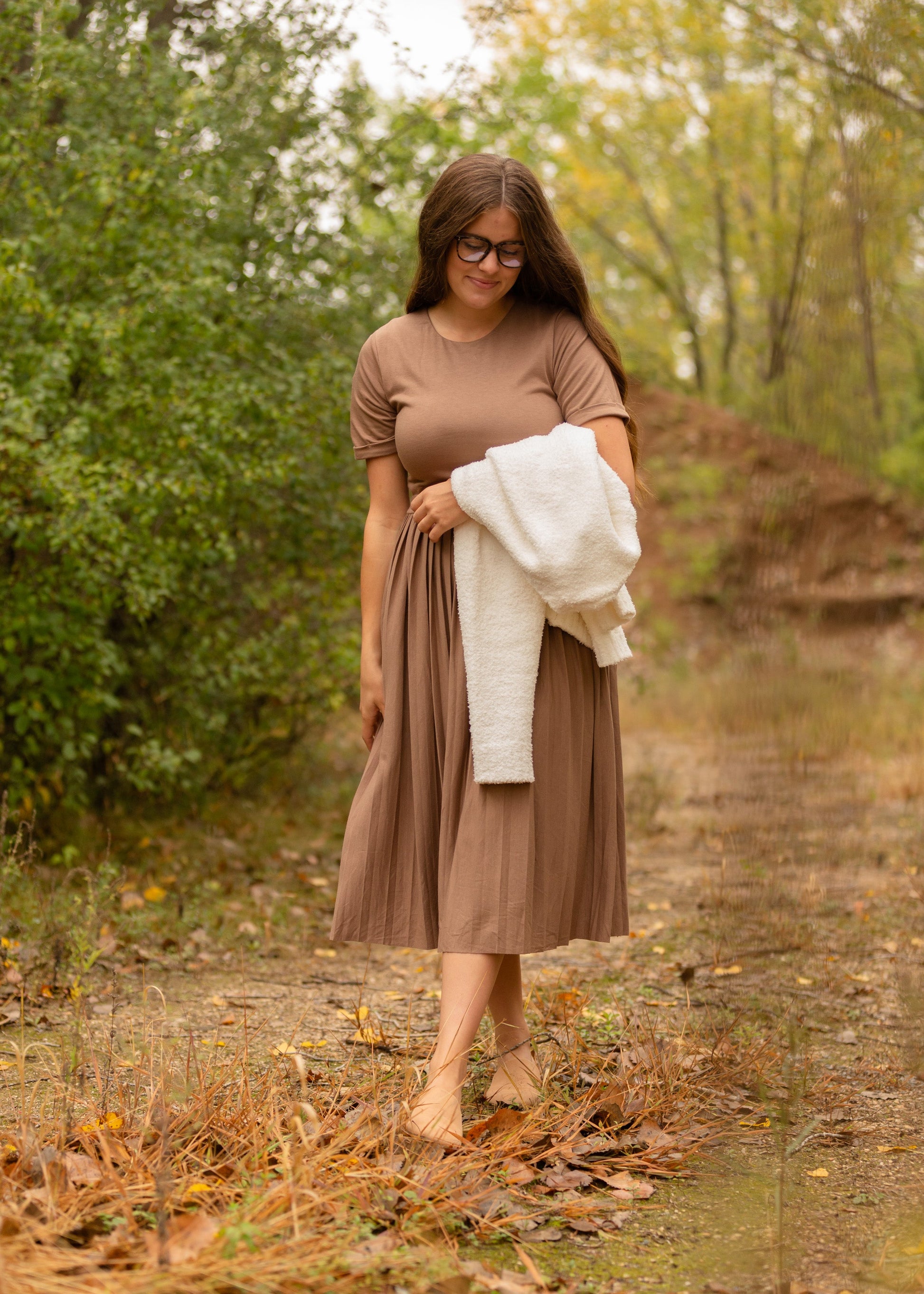 Emersyn Tan Pleated Midi Dress Dresses