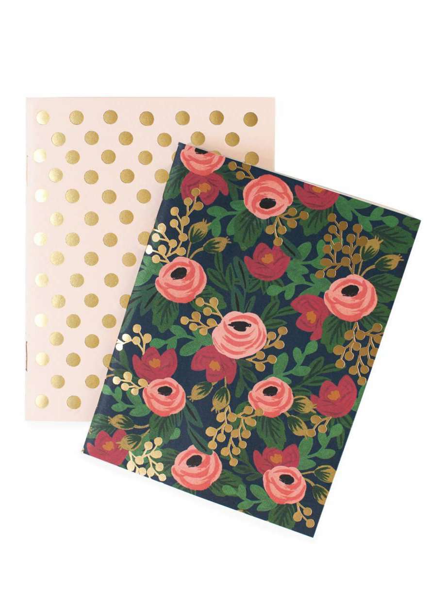 Modest and affordable rifle paper gold polka dot and black floral notebook