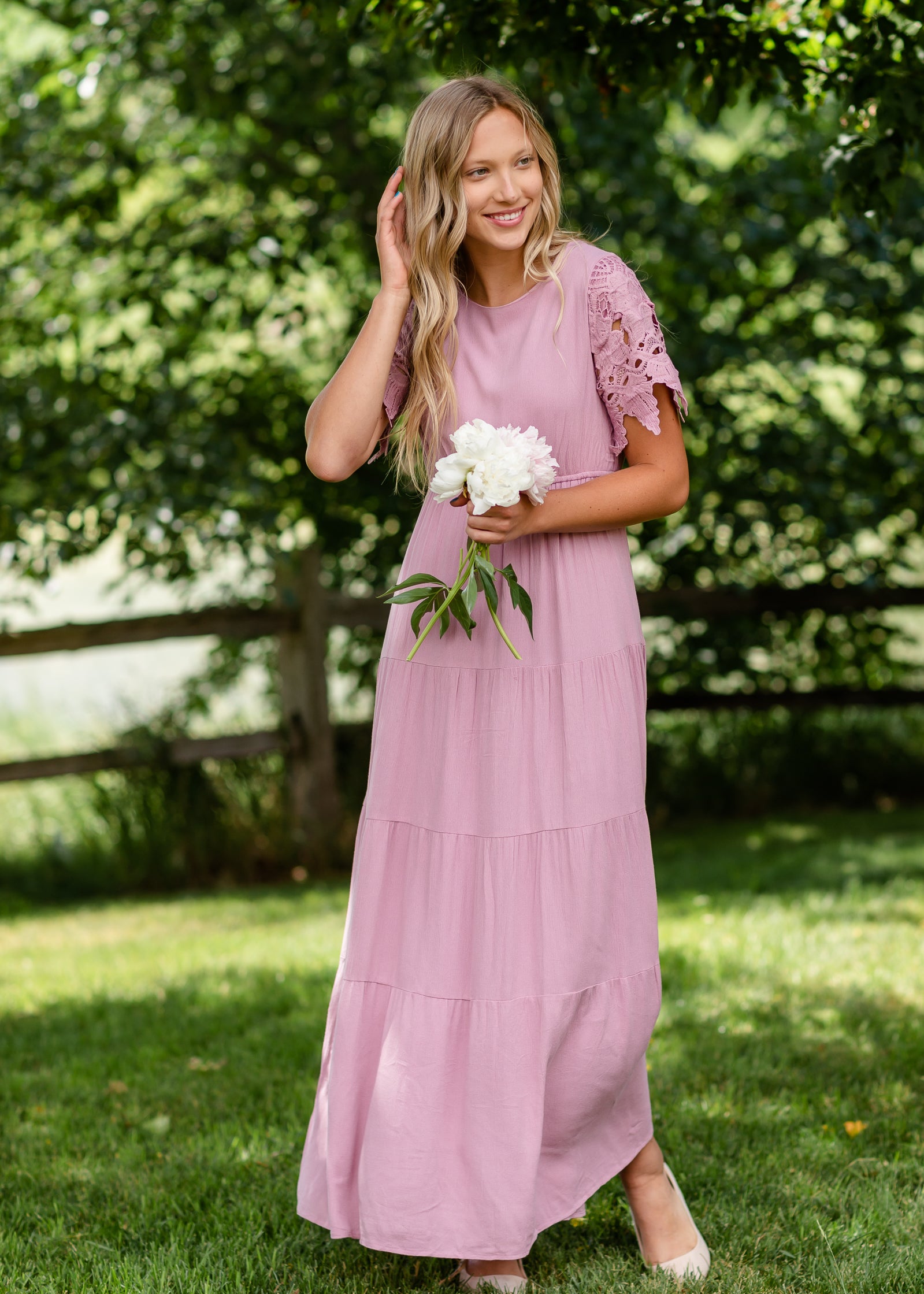 Eyelet Lace Crepe Maxi Dress - FINAL SALE Dresses Pink / S