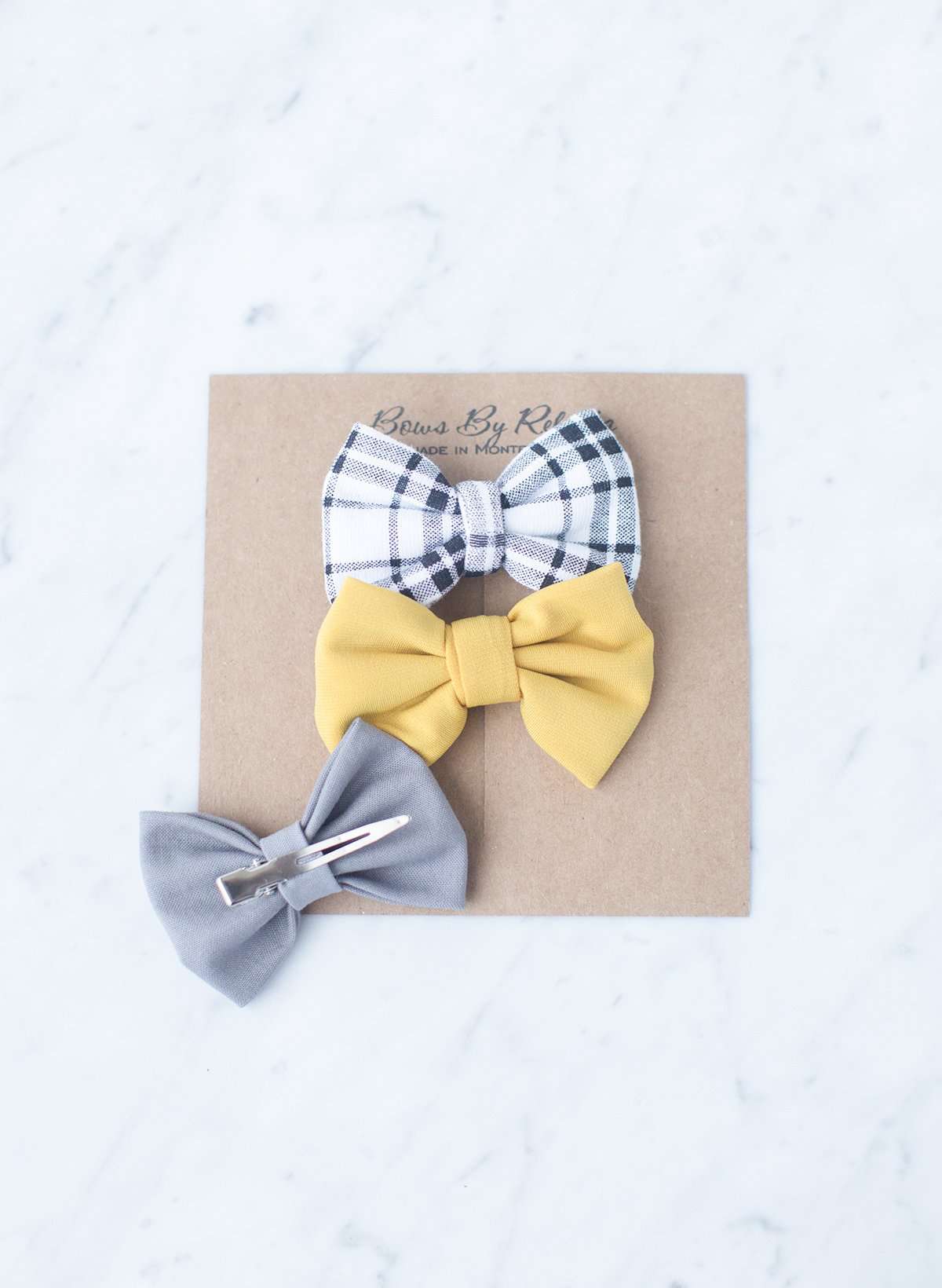Little girls mustard, black plaid and gray hair bow set with alligator clip!