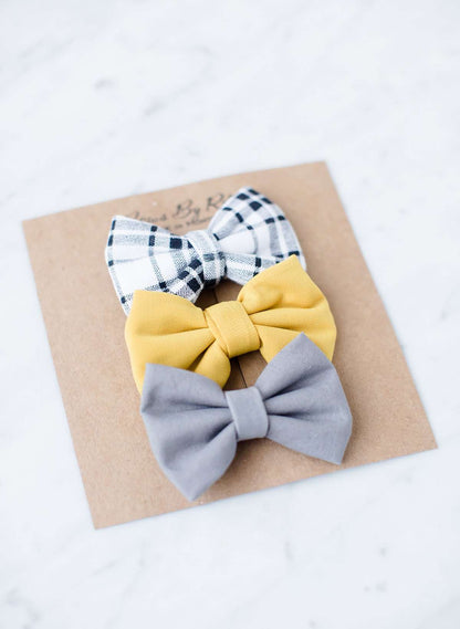 Little girls mustard, black plaid and gray hair bow set with alligator clip!