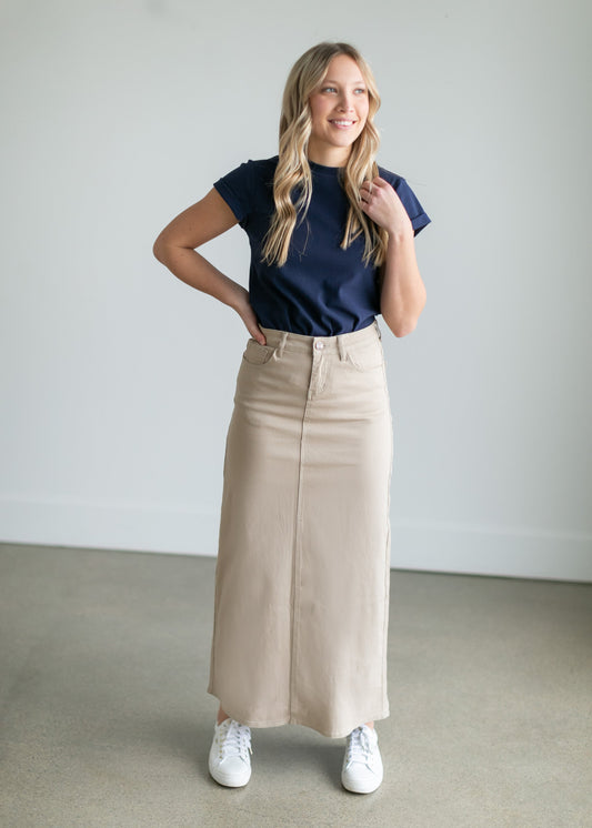 Faith Khaki Long Denim Maxi Skirt Skirts