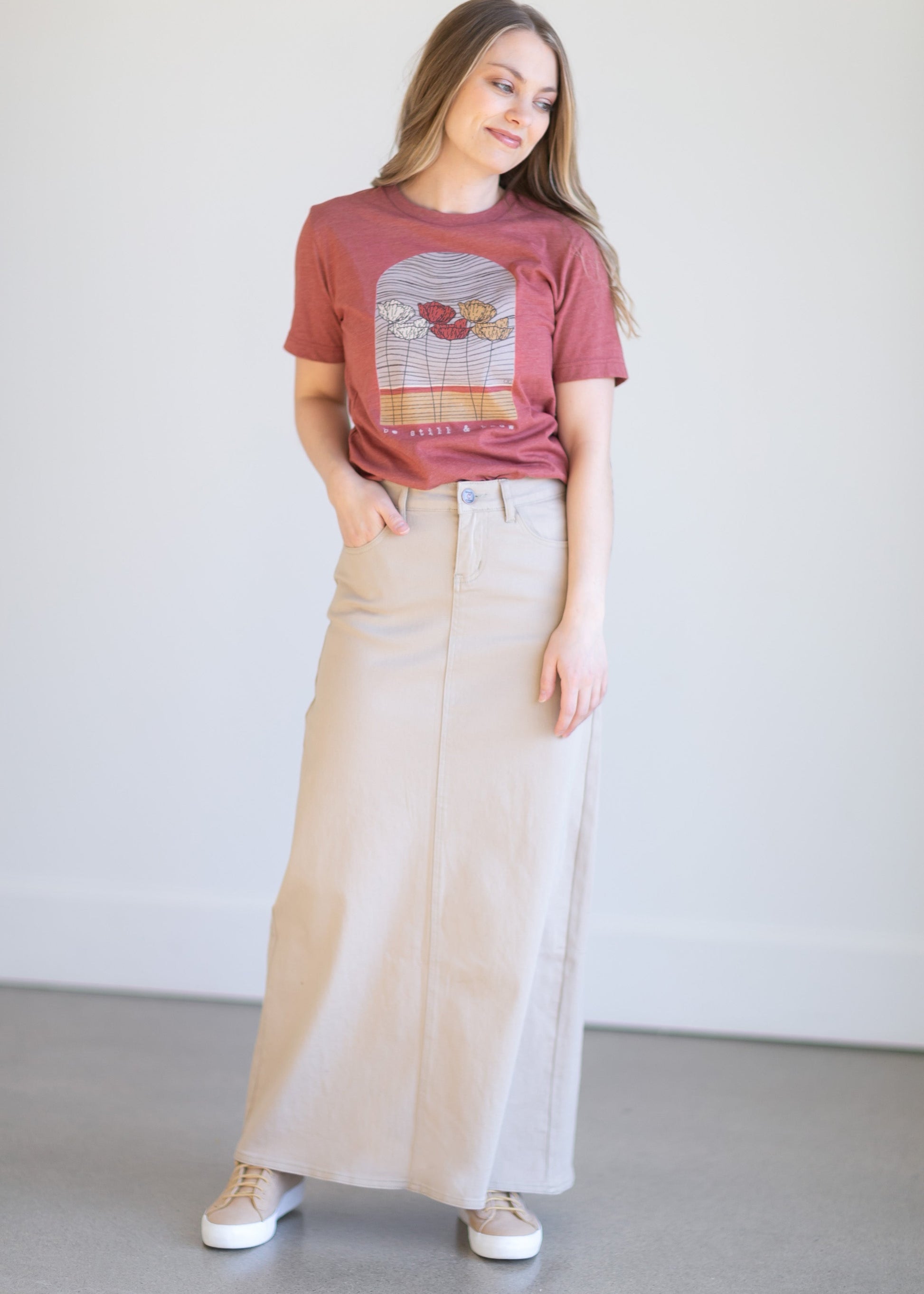 Faith Khaki Long Denim Maxi Skirt is an a-line colored denim skirt.