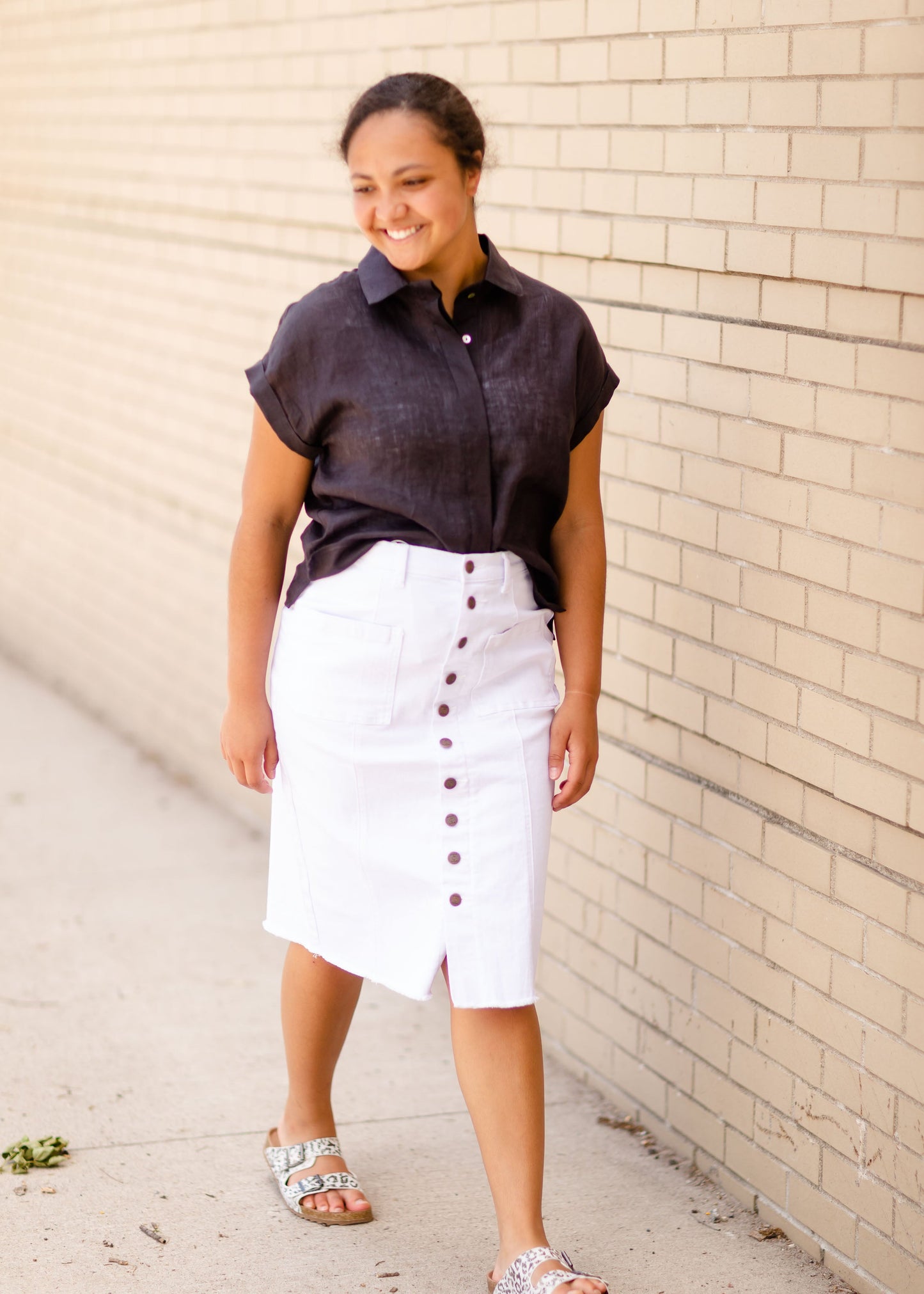 Farrah White Denim Raw Hem Midi Skirt - FINAL SALE Skirts
