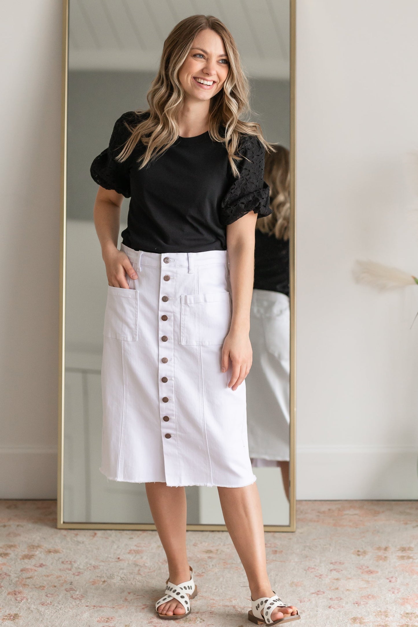 Farrah White Denim Raw Hem Midi Skirt Skirts Dongguan Haohoo Clothing