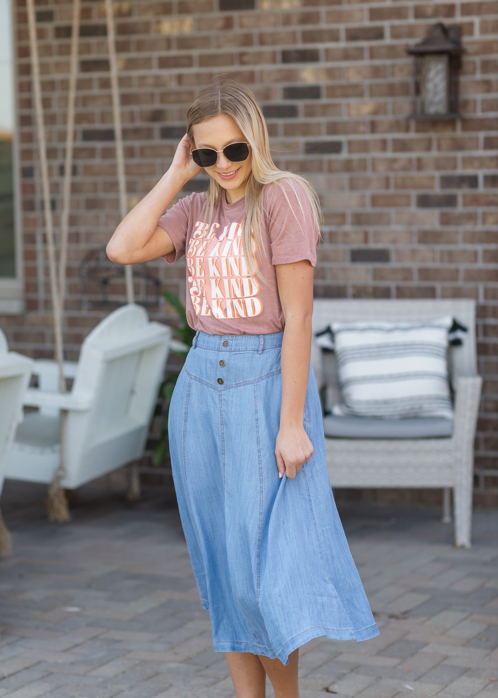 Faux Button Flowy Chambray Midi Skirt Inherit Co